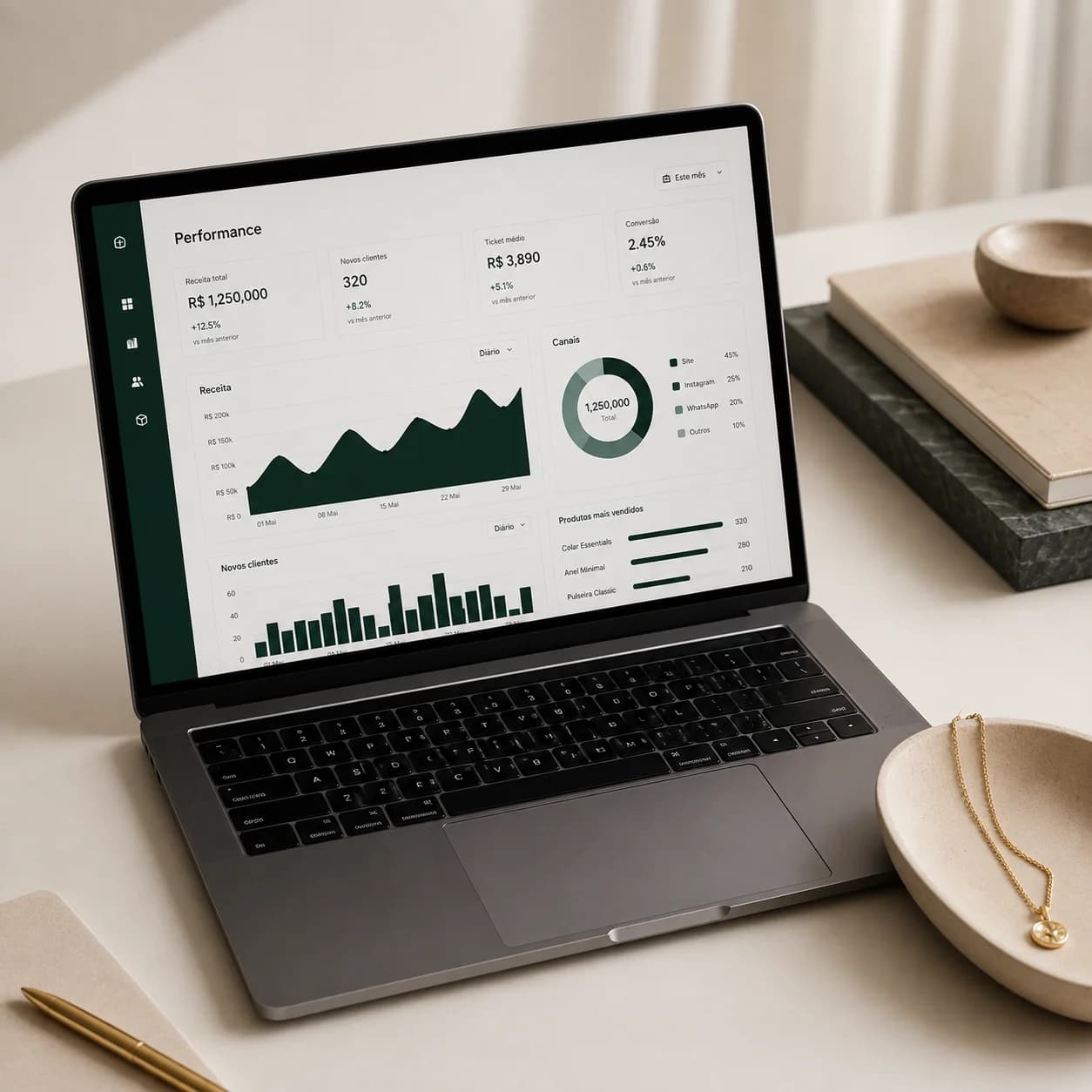 Notebook exibindo painel de indicadores de performance ao lado de uma joia